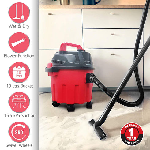 Rapid Vacuum Cleaner,1000W,Wet&Dry,for Home, Plastic Body,Red,10 Liter, Cartridge